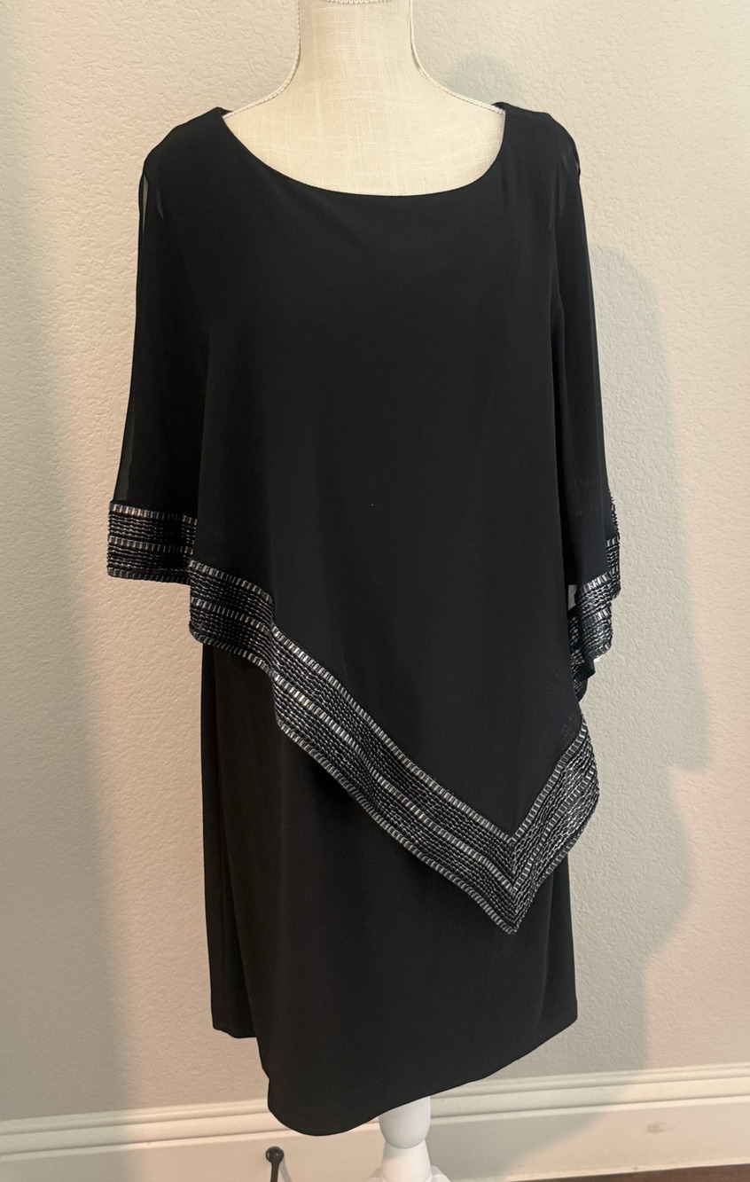 SLNY Black Silver Embellished Asymmetrical Shift Dress 3/4 Sleeve Size 16 NWT